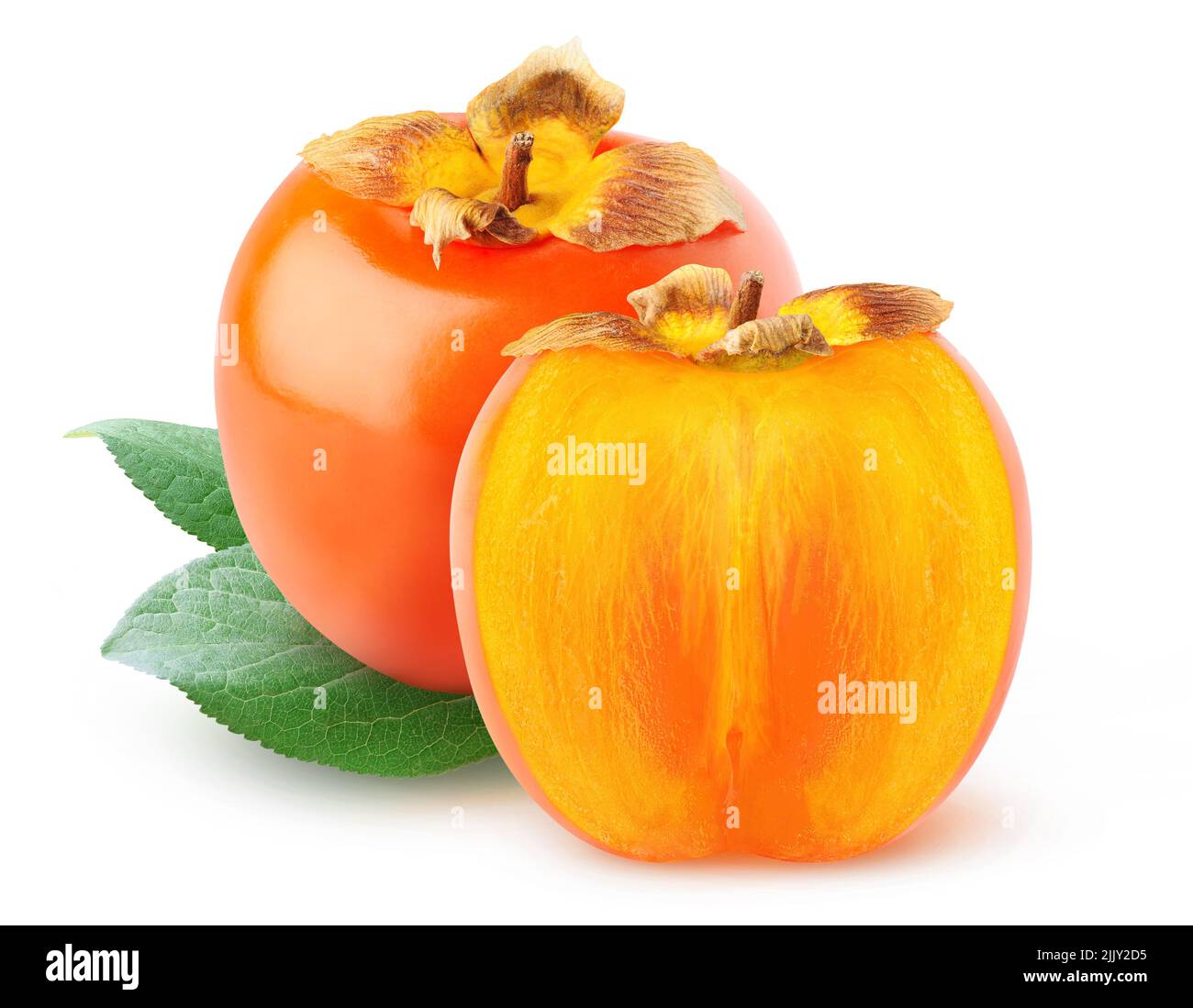 Isolated persimmons. Collection of whole and cut persimmon fruits isolated on white background Stock Photo