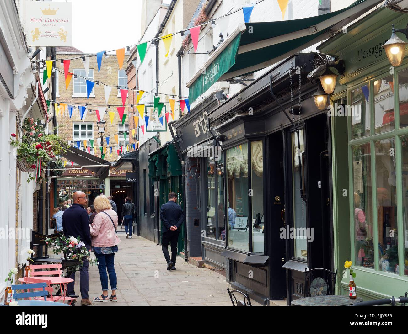 A view along looking down the shops in Paved Court Richmond in London Stock Photo