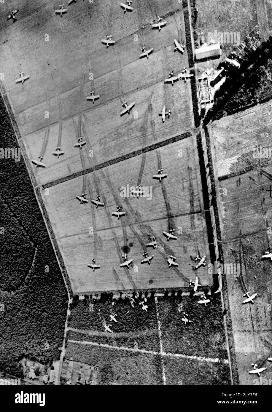 First Airborne Army Lands In Holland -- Pictures taken from an R.A.F photographic Reconnaissance spitfire, of the scene in Holland when the Allied airborne army carried out its first great operation on September 17th. Gliders lying at the Ends of the tracks they made when landing in Holland. November 27, 1944. (Photo by British Official Photograph). Stock Photo