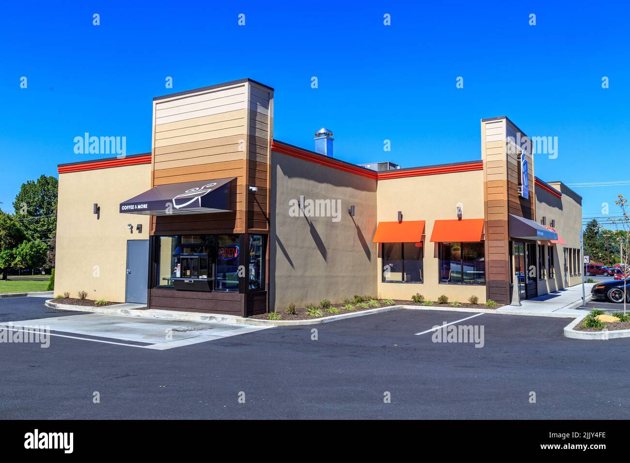 Ephrata, PA, USA – October 5, 2016: Exterior of Dunkin' Donut fast food bakery and store, which offers fresh doughnuts, sandwiches, coffee and beverag Stock Photo