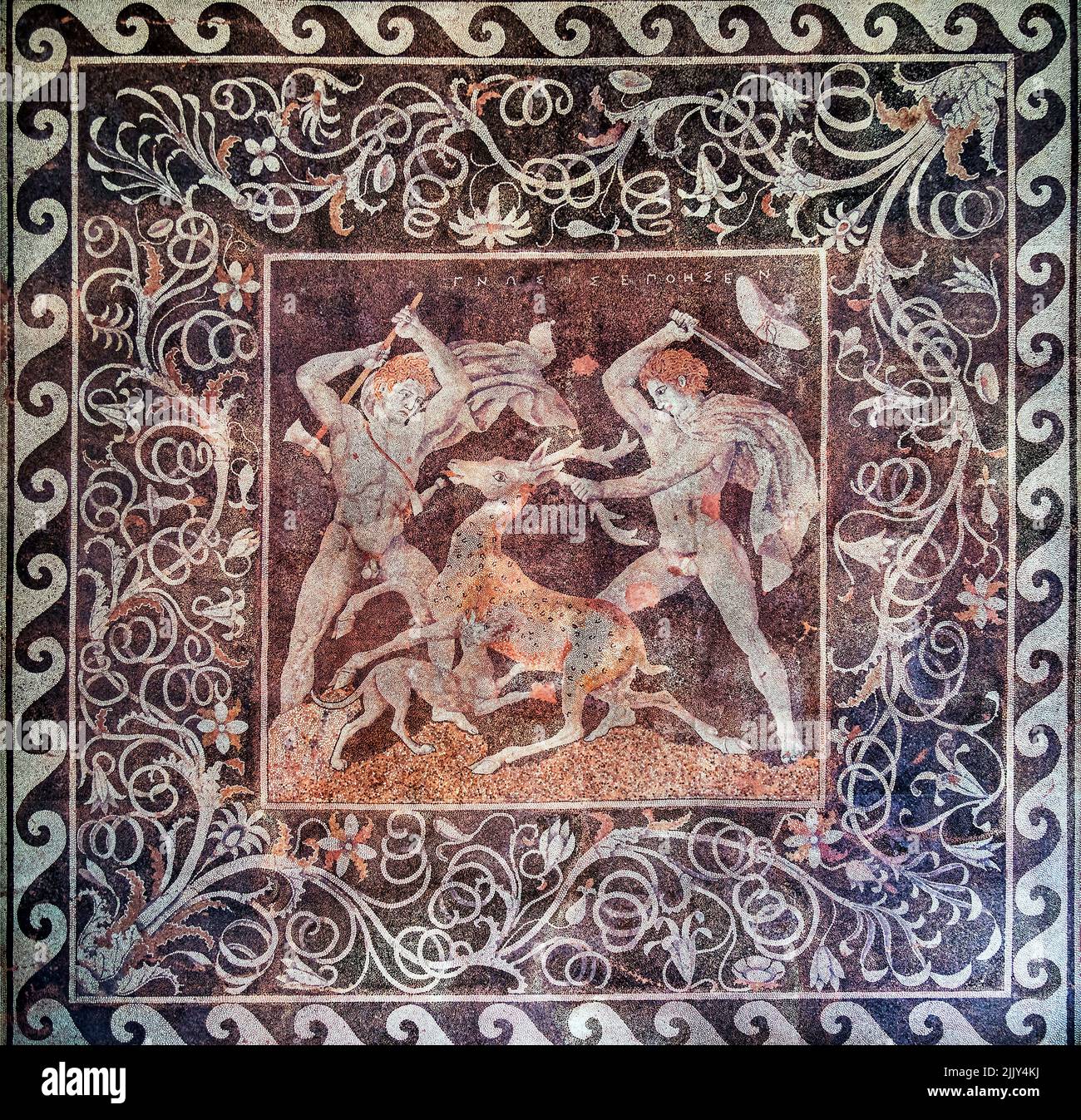 The 'Stag Hunt' (4th century BC), one of the most impressive mosaic floors in the Archaeological Museum of Pella, Macedonia, Greece. Stock Photo