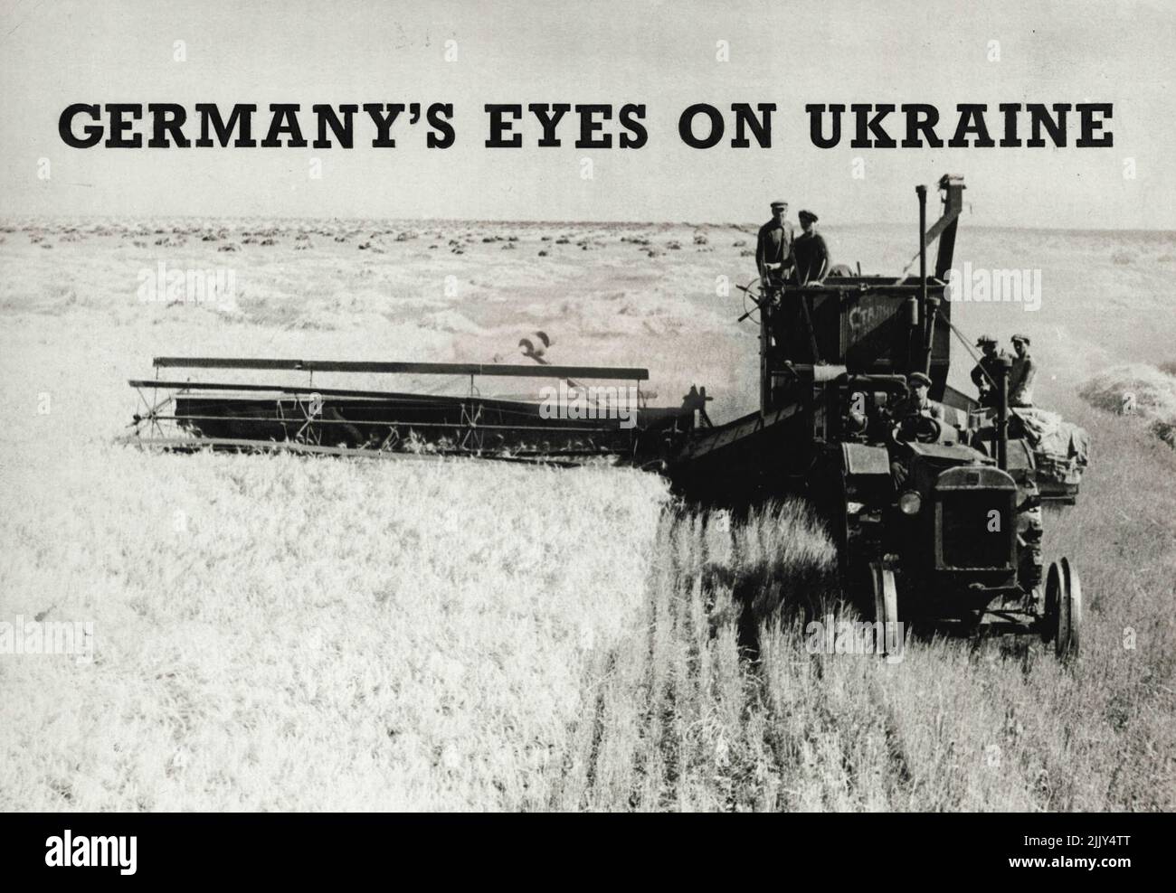 Germany's Eyes on Ukraine. Harvesting winter-wheat with a 'Stalinets' combine. This ***** the harvest was highly mechanized, and was carried out almost exclusively with combines. The collective farmers gathered 30.13 ***** of wheat from a hectare. The splendid harvest gathered this year has raised the collective farms of the Soviet Union to a new phase of prosperous, cultured life. One of the numerous farms - the 'Soyatel' (Sower) Collective Farm in the Azov - Black Sea Territory (R.S.F.S.R.). December 01, 1937. Stock Photo