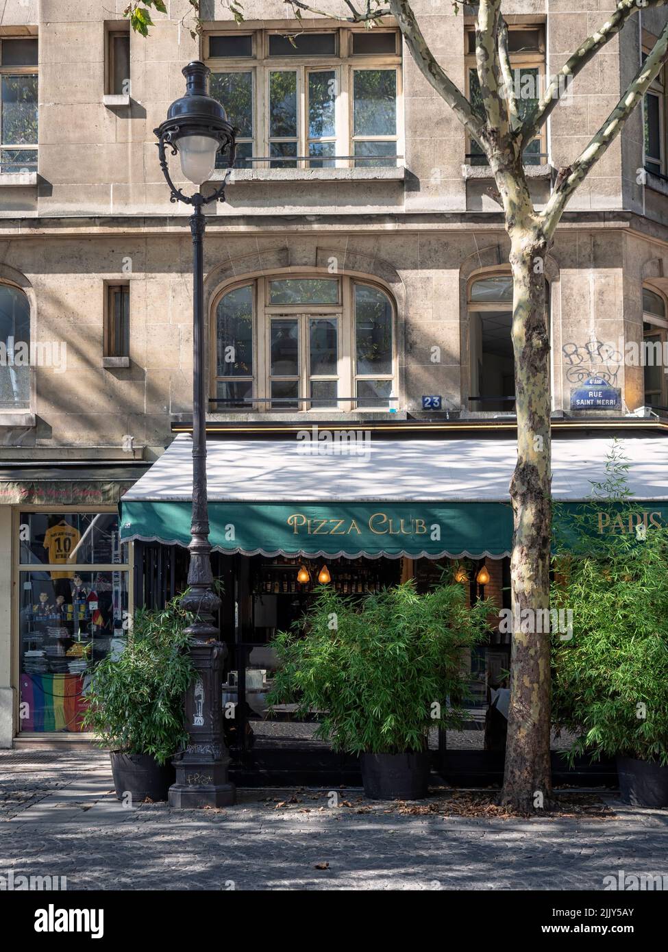 PARIS, FRANCE - AUGUST 03, 2018:  Exterior view of Paris Beaubourg restaurant in Rue Saint Merri Place Stock Photo