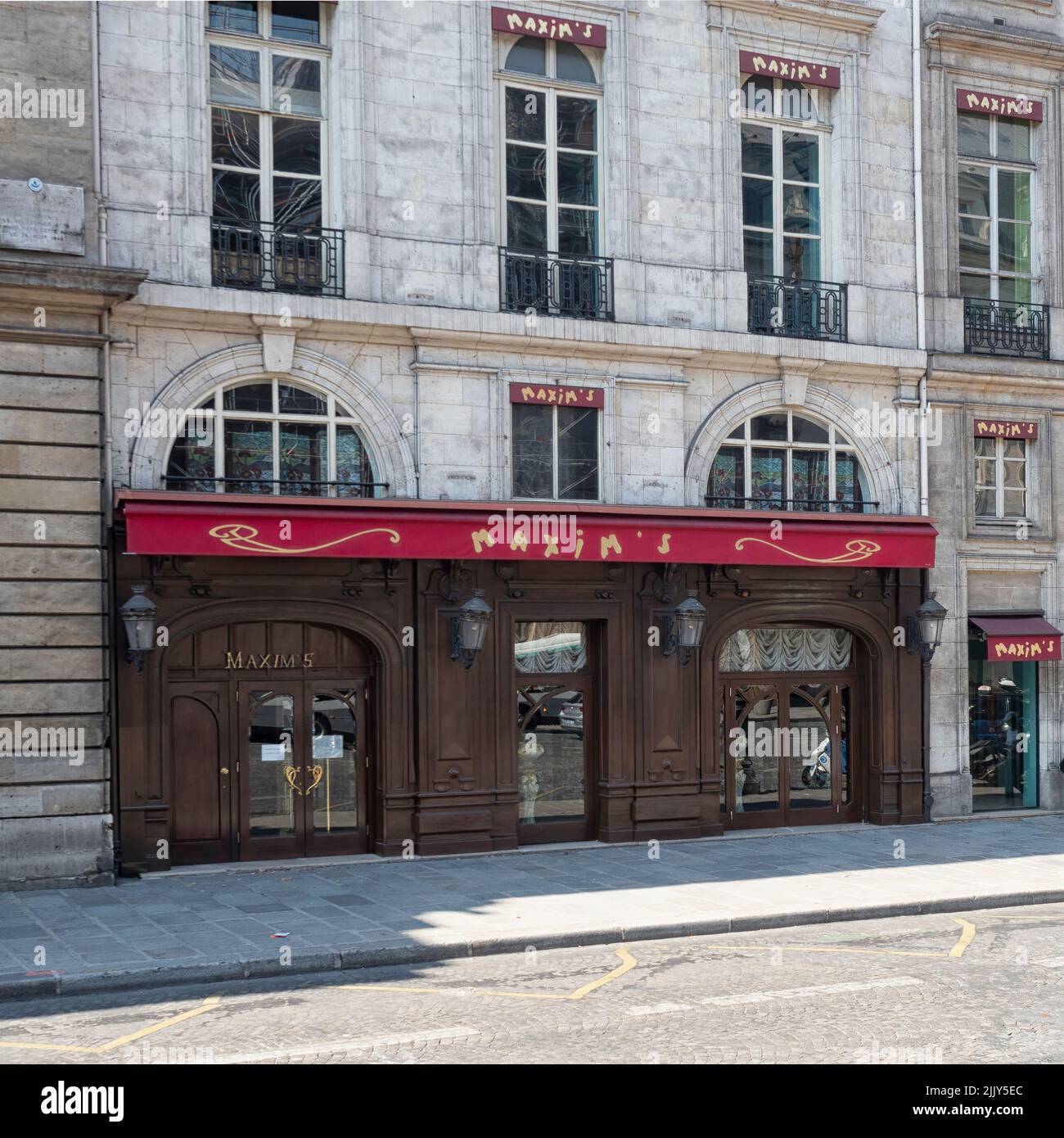 PARIS, FRANCE - AUGUST 03, 2018:  Exterior view of Maxim's Restaurant in Rue Royale Stock Photo