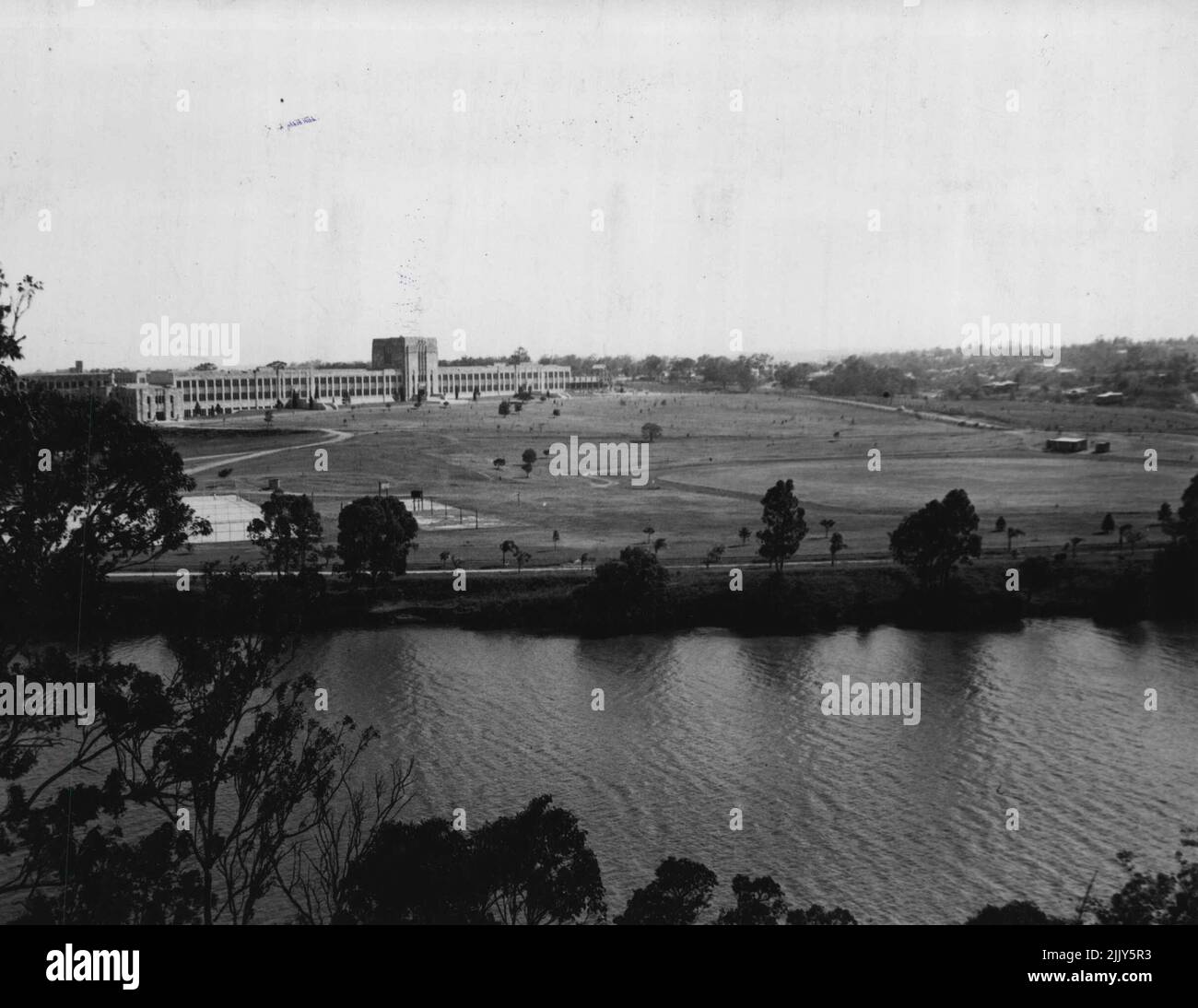 A view of Queensland new University, taken from Thomsons former home. The wide sweep of Coronation Park, and the proximity of the Brisbane River, inspired Thomson to boost the site in opposition to the one already selected by the University Senate....... One of Thomson's major triumphs was having Queensland's new university established at St. Lucia, just across the Brisbane River form his former home. May 07, 1952. (Photo by David R. Jones). Stock Photo