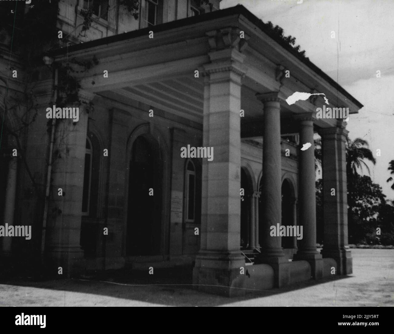 View of the front entrance to the Arts Lecture Hall. October 30, 1940. (Photo by Rafael Tornquist). Stock Photo