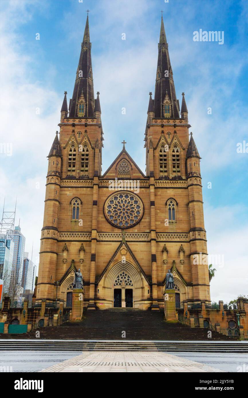 Facade of historic St Mary's Cathedral in Sydney, Australia. Built in 1868 after the original chapel was destroyed by fire, the cathedral is a state h Stock Photo