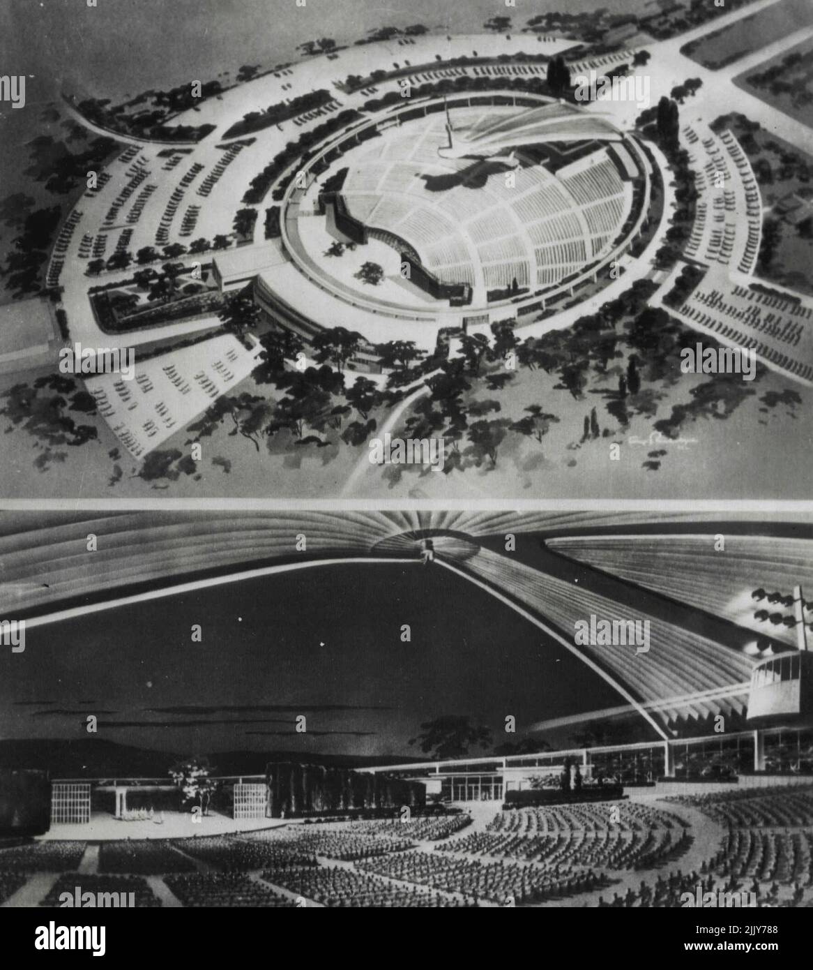 roof, divided into pie-shaped segment, is supported on a small triangular section extending from rear of the arena to the center, with a mast rising from the end of the cantilever supporting connecting wire to each segment. An electric switch will start the roof sections fanning out (lower illustration) over the audience. The ends ride on tracks along the circular outer wall around the arena, providing complete coverage in two and a half minutes. The amphitheater, to cost $1,000,000 (M) will house Pittsburgh Civic Light Opera Association activities. December 19, 1949. (Photo by AP Wirephoto). Stock Photo
