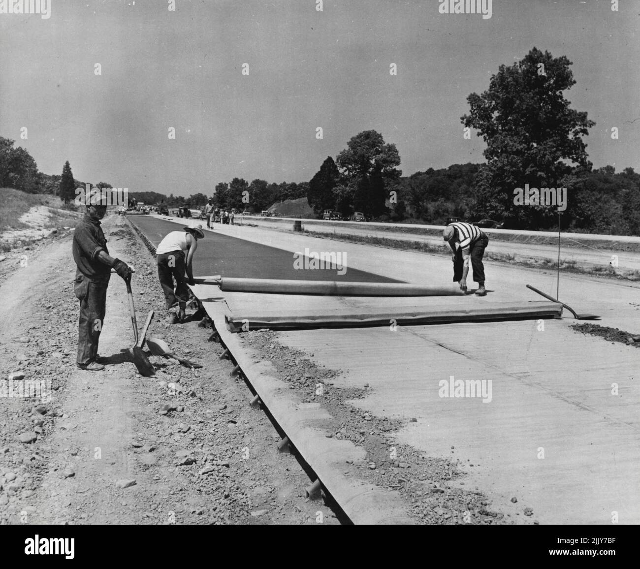 Curing cloth is rolled over new pavement to project it during the hardening and drying period on the New York State thruway. Concrete pavement must cure about two weeks, depending upon weather conditions, before it is ready for use. March 5, 1951. Stock Photo