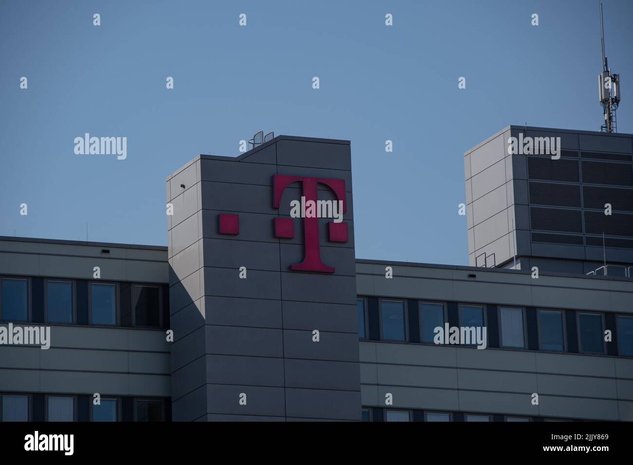 Hamburg, Germany  23 June 2022,  The Telekom brand logo on a building in Hamburg Stock Photo