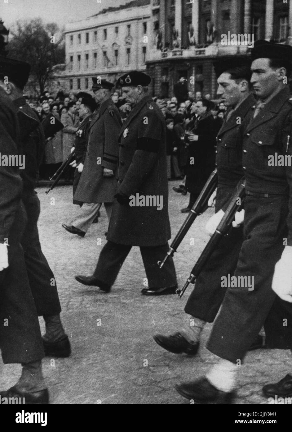Funeral Of Marshal De Tassigny -- General Eisenhower (far side) and Field Marshall Lord Montgomery walking in procession during the funeral of Marshall de Latter de Tassigny in Paris yesterday. January 29, 1952. Stock Photo