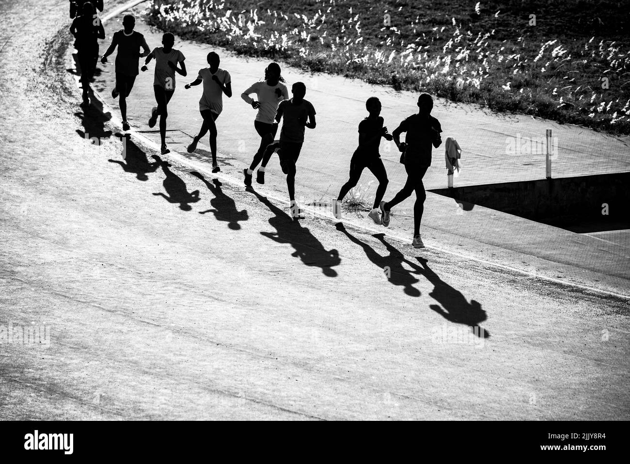 Silhouette of Kenyan runners training on the athletics track in the morning in Eldoret. Illustration photo for marathon, running and athletics. Track Stock Photo