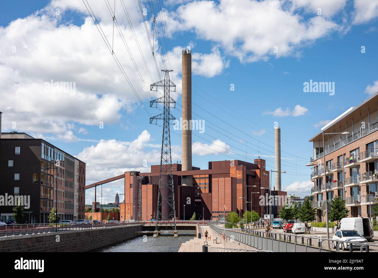 Hanasaari power plant of HELEN or Helsingin Energia with Sompasaari district on left and Kalasatama district on right in Helsinki, Finland Stock Photo