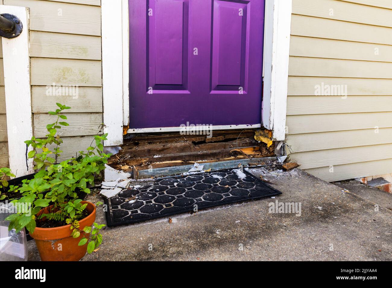 Water damage to wood on door frame of house Stock Photo Alamy