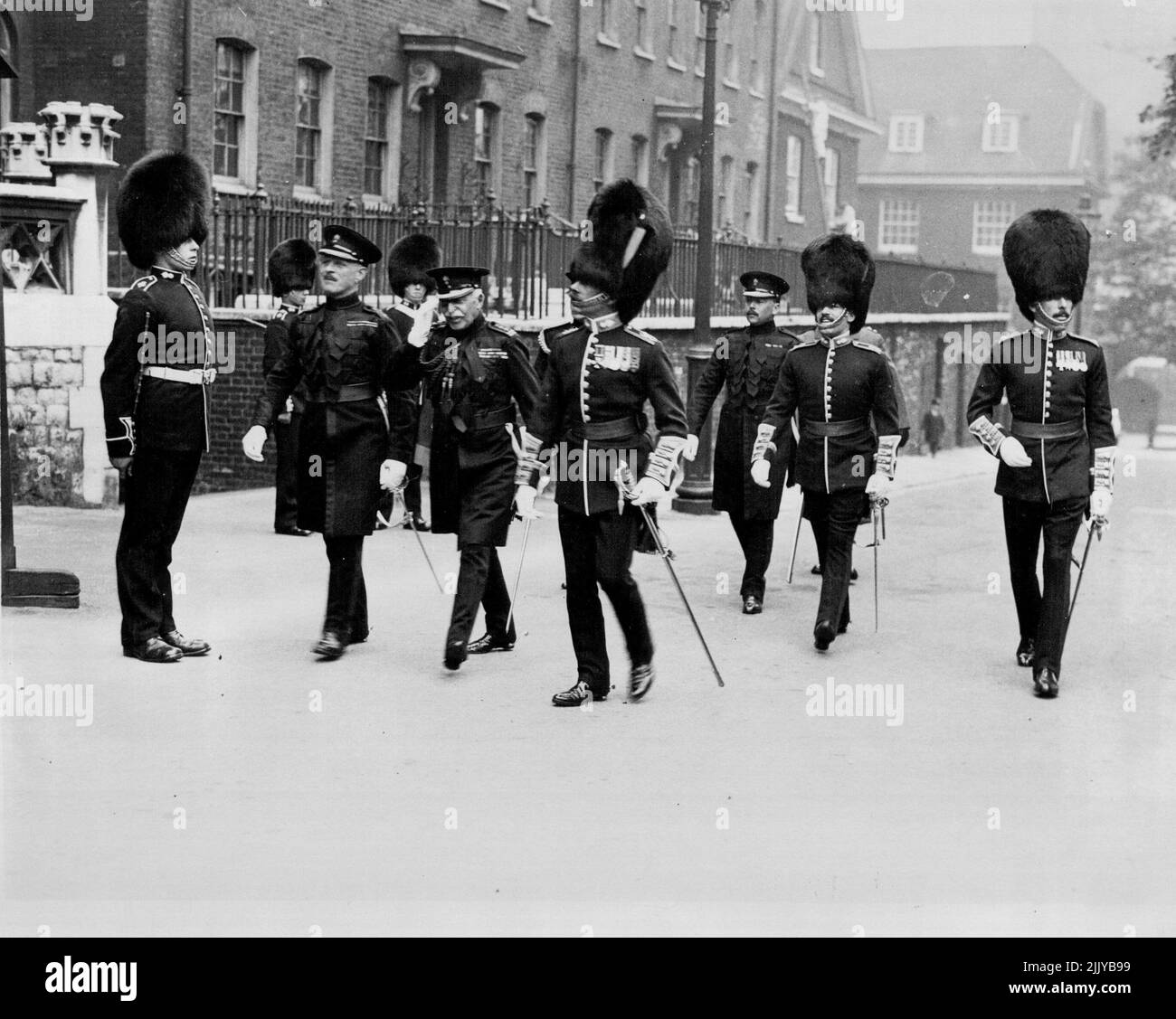 Duke of Connaught saluting is still a soldierly ***** at 81. He is seen inspecting the 2nd. Battalion ***** Grenadier Guards at the Tower of London. June 24, 1931. Stock Photo