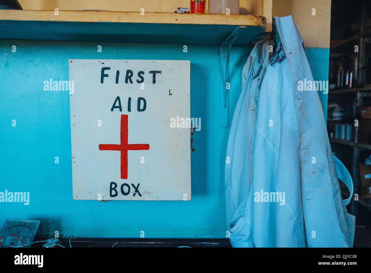 First aid for Africa. A box with the inscription "First Aid" in Kenya