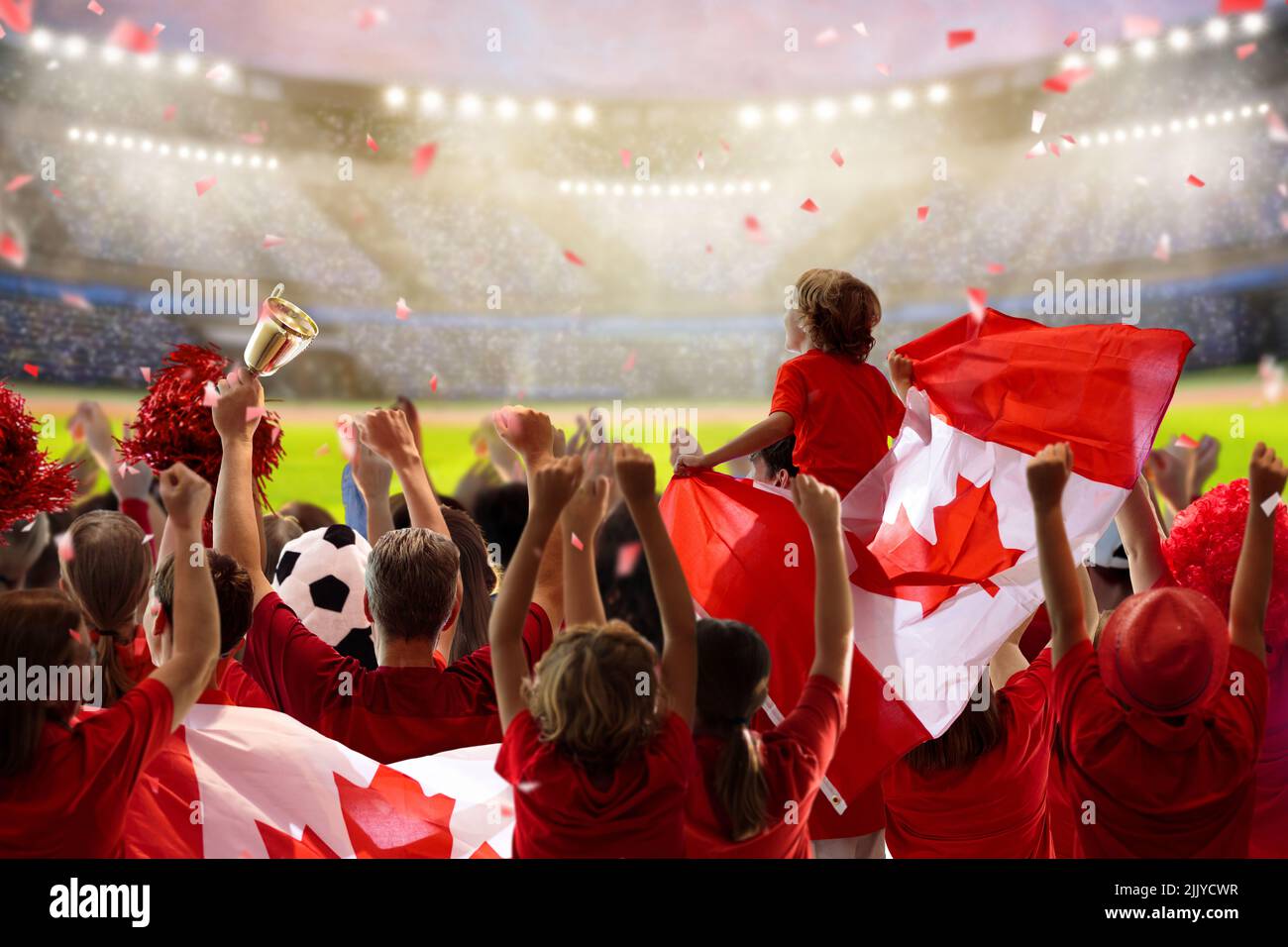 Canada football supporter on stadium. Canadian fans on soccer pitch