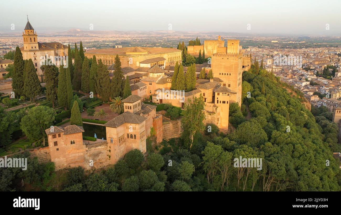 The Alhambra Fortress in Granada Spain as seen from a drone. Unique