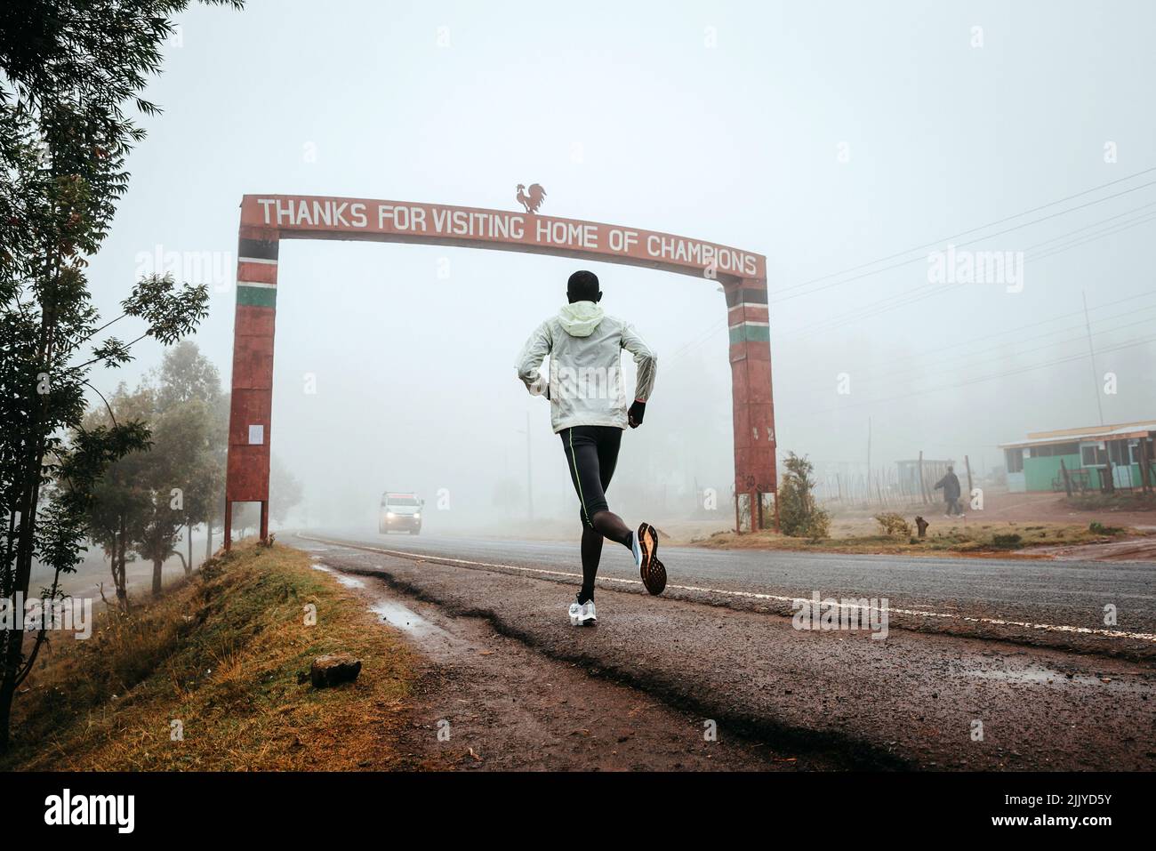 Runner with the inscription Thanks for visiting Iten, home of Champions, running training in Kenya. Marathon running, illustration photo Stock Photo
