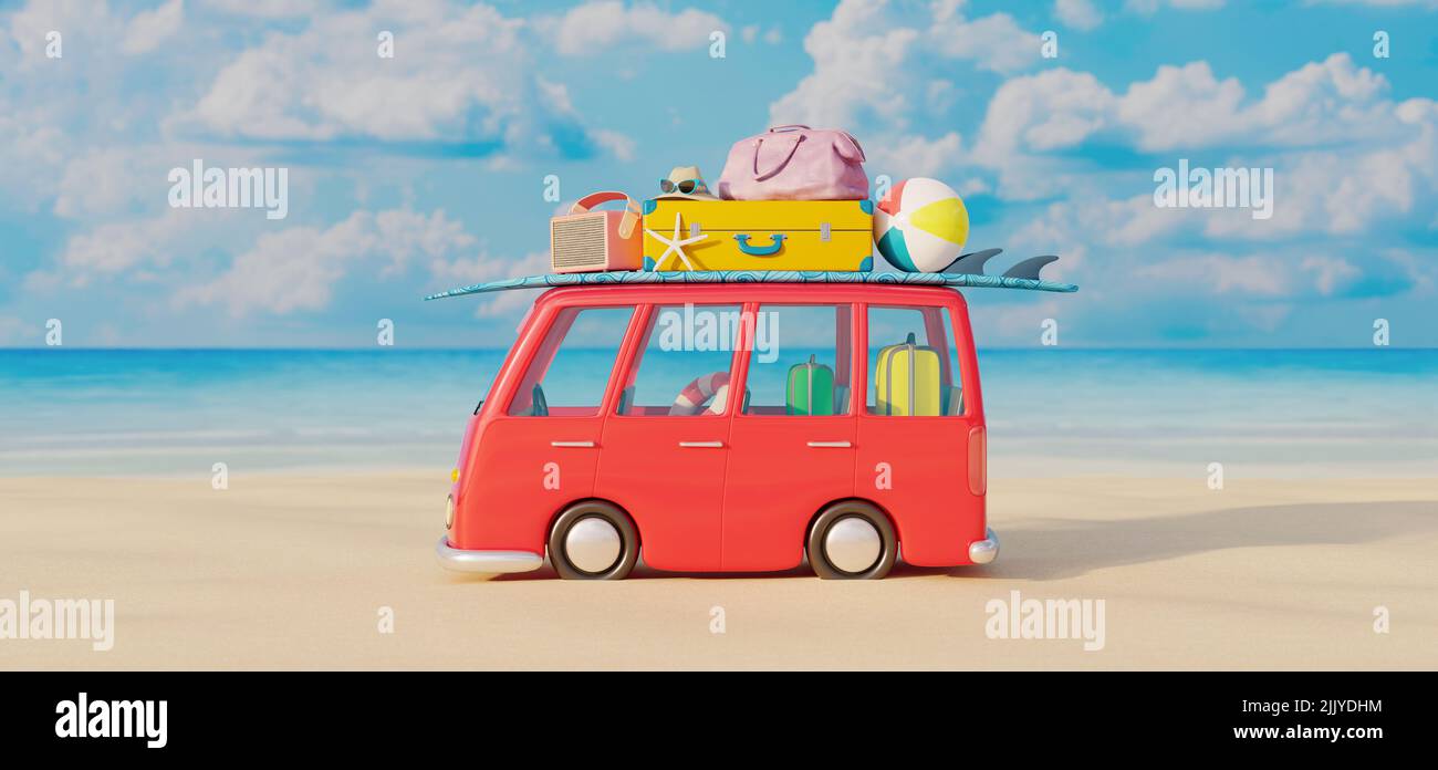 Bus with luggage and summer accessories ready for travel. Vacation concept on sandy beach 3D Render 3D illustration Stock Photo