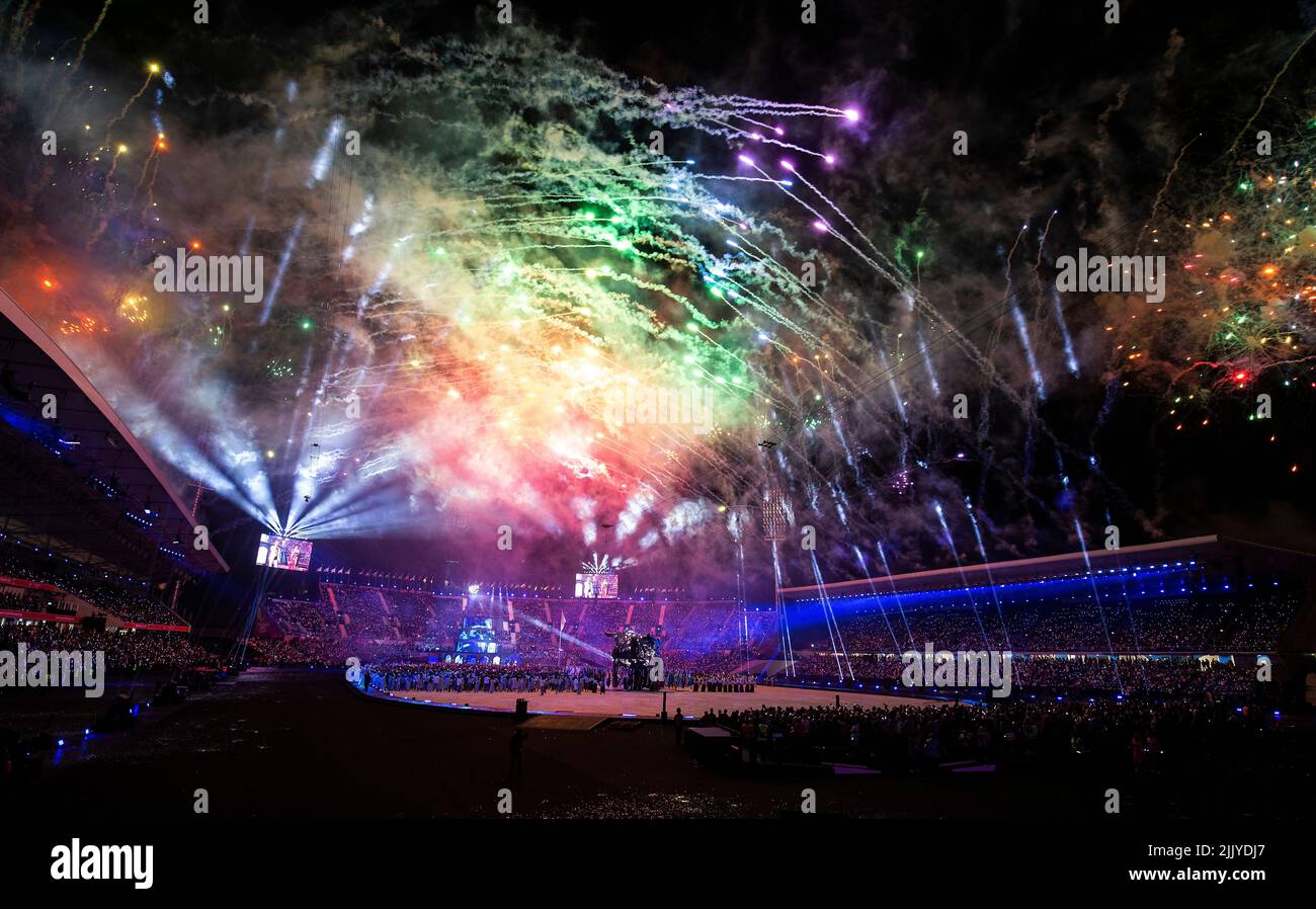 Birmingham, UK. 28th July, 2022. A general view as fireworks are let offf during the Commonwealth Games opening ceremony at Alexander Stadium, Birmingham. Picture credit should read: Paul Terry/Alamy Live News Stock Photo