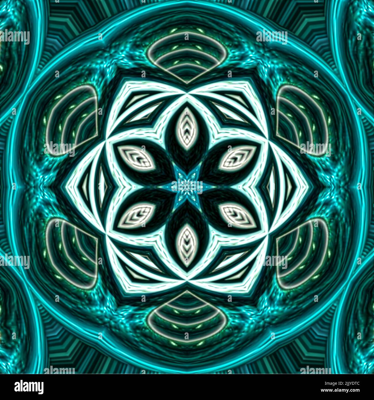 An abstract geometrical pattern created by applying fractal mirroring of a photo of an emerald jewel. Stock Photo