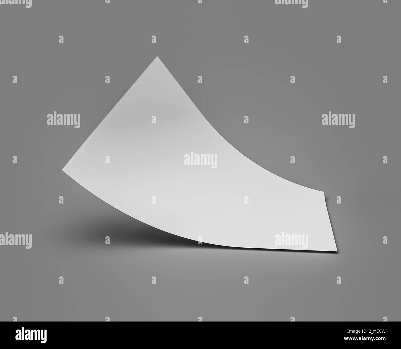 A 3D rendering of an empty bent A4 format white paper on grey background Stock Photo