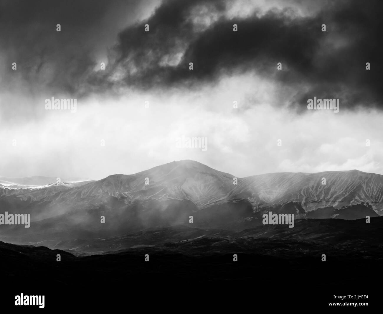 Black and white, Storm light snow squalls, Torres del Paine National Park, Patagonia, Chile Stock Photo