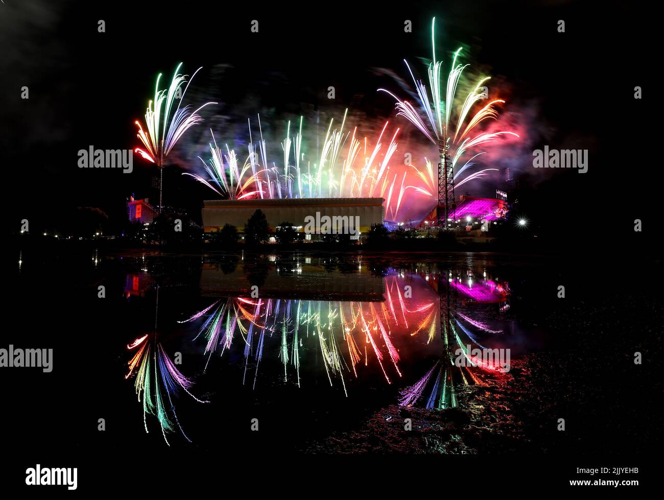 Fireworks are set off over the stadium during the opening ceremony of