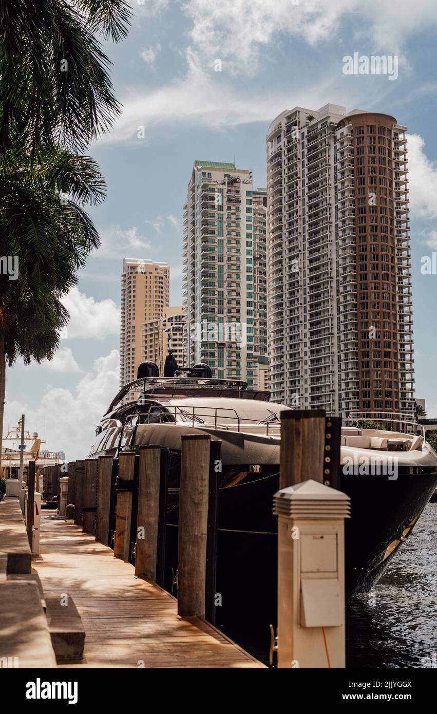 marina luxury boat skyline buildings Brickell key miami usa florida Stock Photo