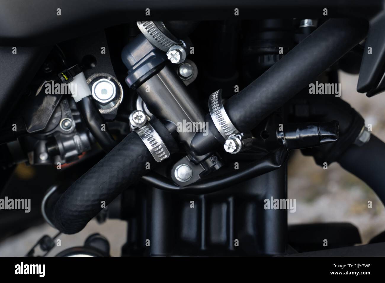 Metal motorcycle parts and tubes close-up view Stock Photo