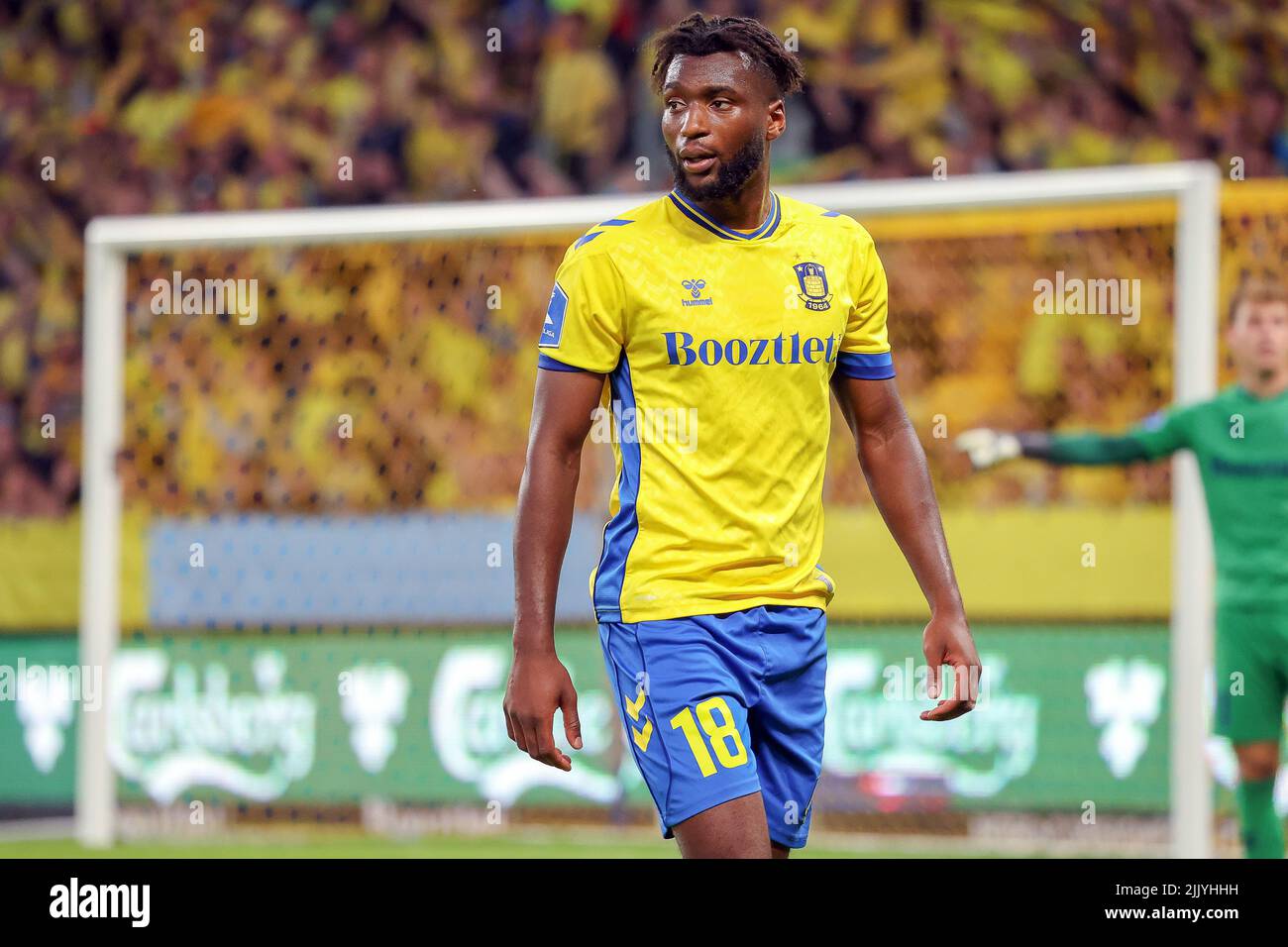 Broendby, Denmark. 28th July, 2022. Kevin Tshiembe (18) of Broendby IF seen during the UEFA Europa Conference League qualification match between Broendby IF and Pogon Szczecin at Broendby Stadion in Broendby. (Photo Credit: Gonzales Photo/Alamy Live News Stock Photo