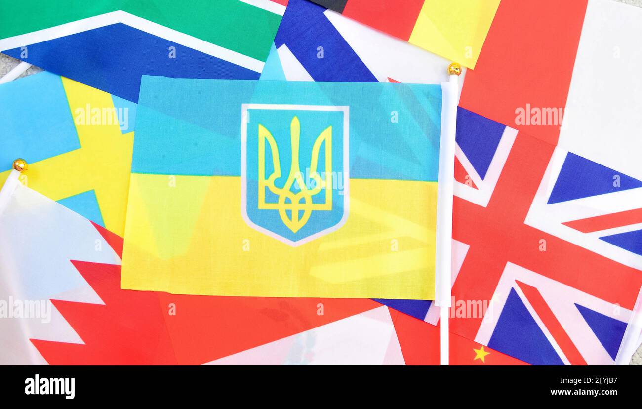 set of national flags of different countries close up,stand with