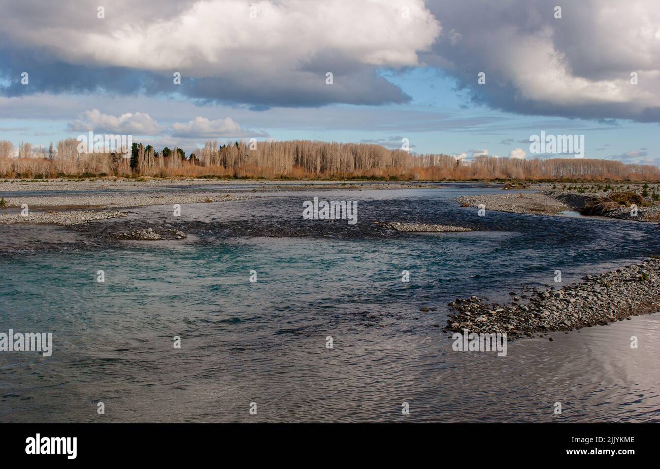 A Look at life in New Zealand: Braided River beds and clear Alpine waters: the Waimakariri River, North Canterbury. Stock Photo