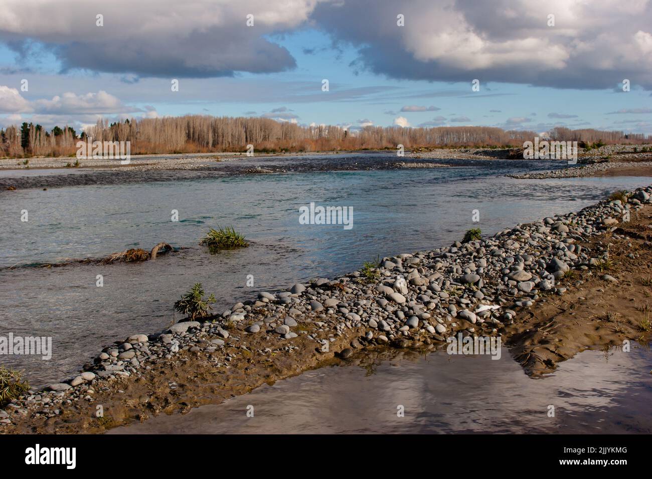 A Look at life in New Zealand: Braided River beds and clear Alpine waters: the Waimakariri River, North Canterbury. Stock Photo