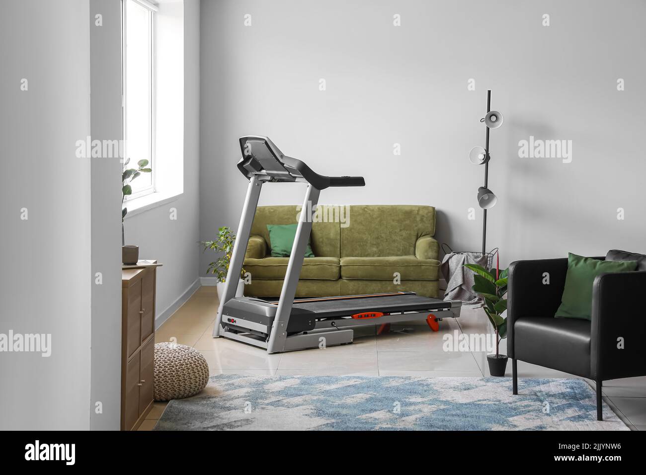 Interior of light living room with treadmill and sofa Stock Photo Alamy