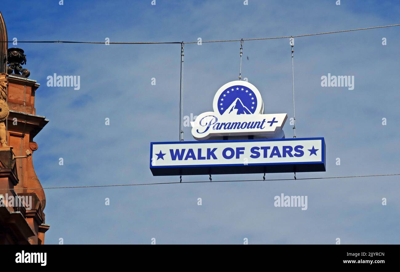 Paramount+ streaming service Walk of stars, Soho, London, England, UK - Arial display of the West End, in Cranbourn, Bear and Coventry Streets Stock Photo