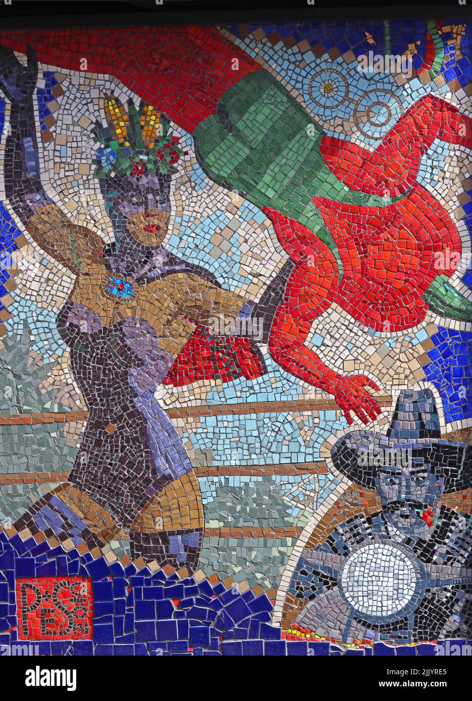 Soho woman dancer mosaic, pes2010 - mosaic on the cocktail bar and restaurant El Camion on Brewer Street Stock Photo