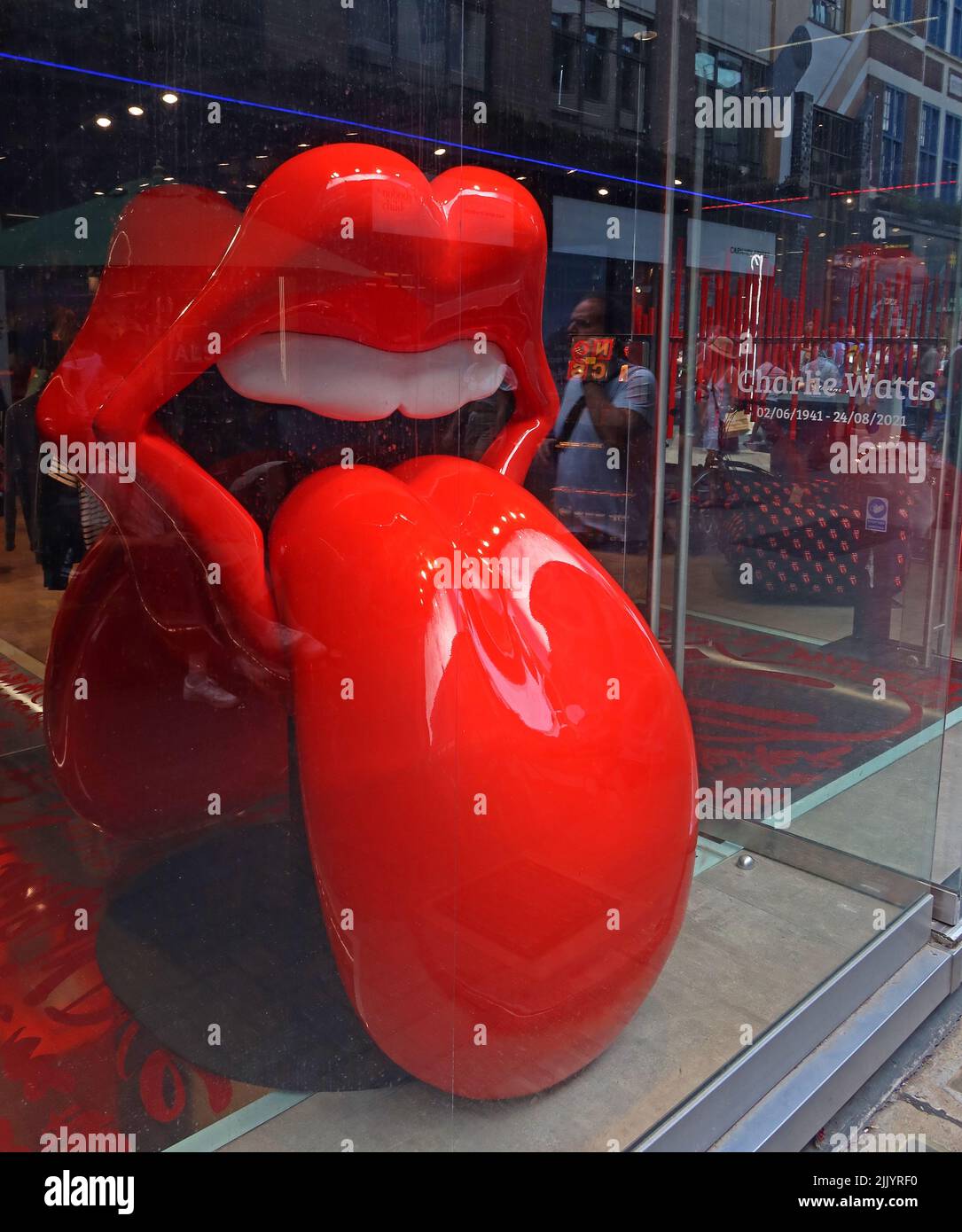 Rolling Stones red mouth & tongue logo - at RS No. 9 Carnaby, clothing store, 9 Carnaby St, Carnaby, SoHo, London, England, UK,  W1F 9PE Stock Photo