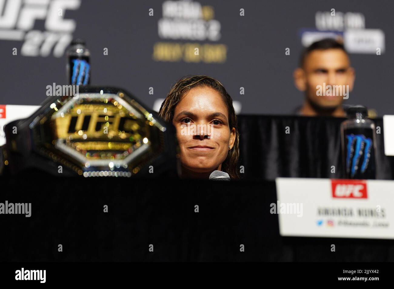Dallas, Texas, United States. 28th July, 2022. DALLAS, TX - July 28: Amanda Nunes answers questions for the press with fans in attendance at American Airlines Center for UFC 277 - Peña vs Nunes 2 : Press Conference on July 28, 2022 in Dallas, Texas, United States. (Photo by Louis Grasse/PxImages) Credit: Px Images/Alamy Live News Stock Photo
