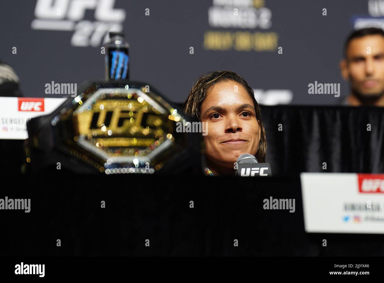Dallas, Texas, United States. 28th July, 2022. DALLAS, TX - July 28: Amanda Nunes answers questions for the press with fans in attendance at American Airlines Center for UFC 277 - Peña vs Nunes 2 : Press Conference on July 28, 2022 in Dallas, Texas, United States. (Photo by Louis Grasse/PxImages) Credit: Px Images/Alamy Live News Stock Photo