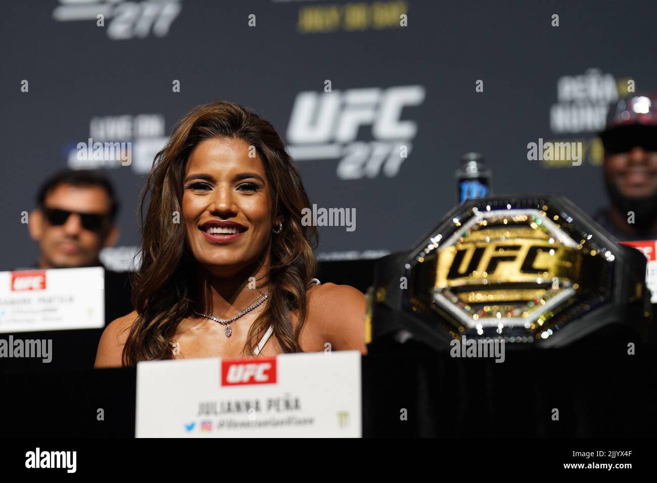 Dallas, Texas, United States. 28th July, 2022. DALLAS, TX - July 28: Julianna Peña answers questions for the press with fans in attendance at American Airlines Center for UFC 277 - Peña vs Nunes 2 : Press Conference on July 28, 2022 in Dallas, Texas, United States. (Photo by Louis Grasse/PxImages) Credit: Px Images/Alamy Live News Stock Photo