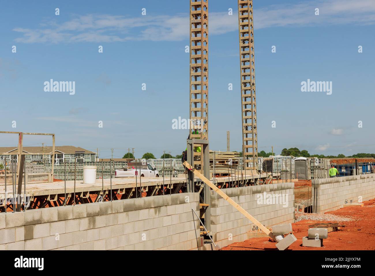 Preparation to installation of stacked scaffolding for mounting the