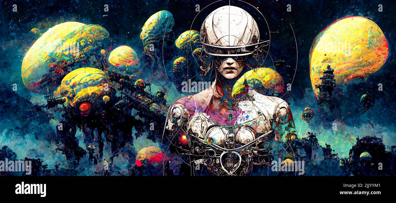 Concept of a futuristic alien hub with a sci-fi woman in front of the action. Mashup of Adrenalin and cyberpunk conceptual works Stock Photo