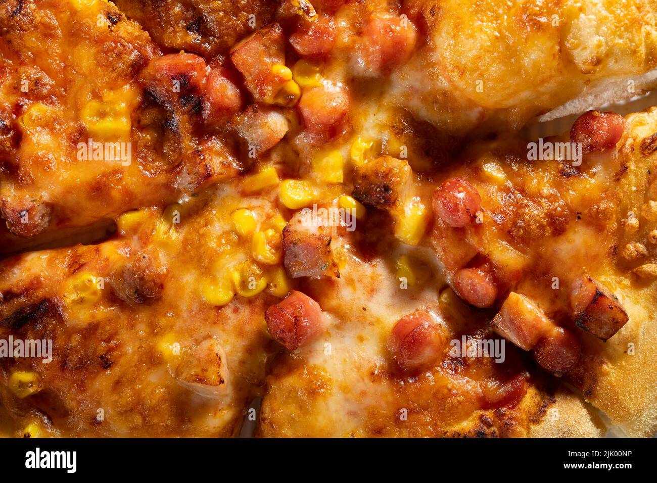 top view fresh pizza with sausages close up Stock Photo