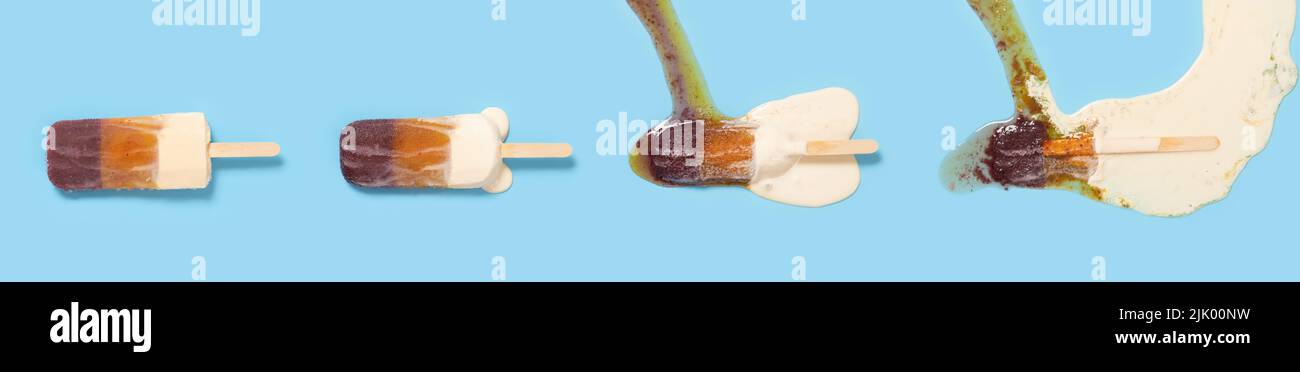 passion fruit and waxberry and milkshake flavor popsicle melting process on blue background at top angle view Stock Photo