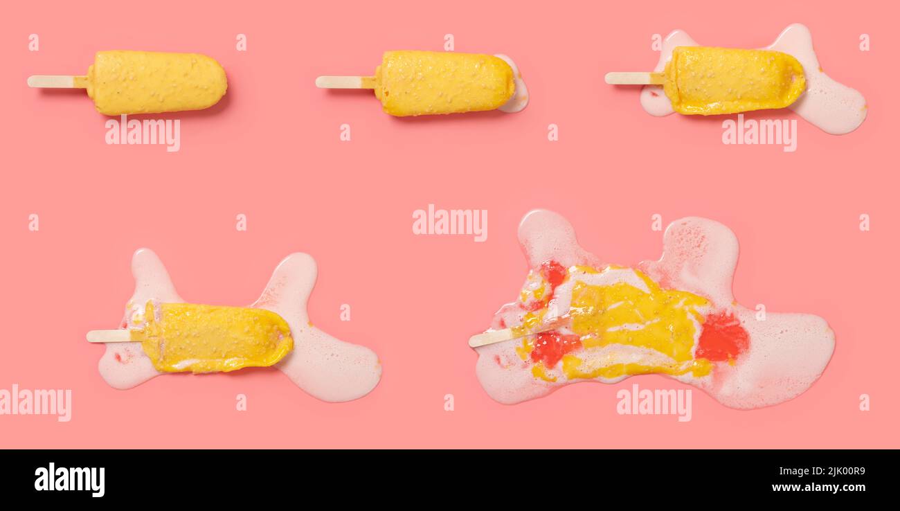 white peach flavor popsicle melting process on pink background at top angle view Stock Photo