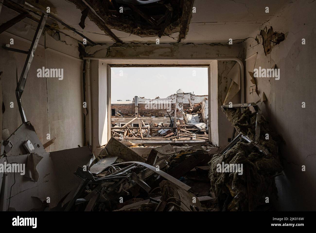 A destroyed room seen in a building damaged by Russia's missile strikes ...