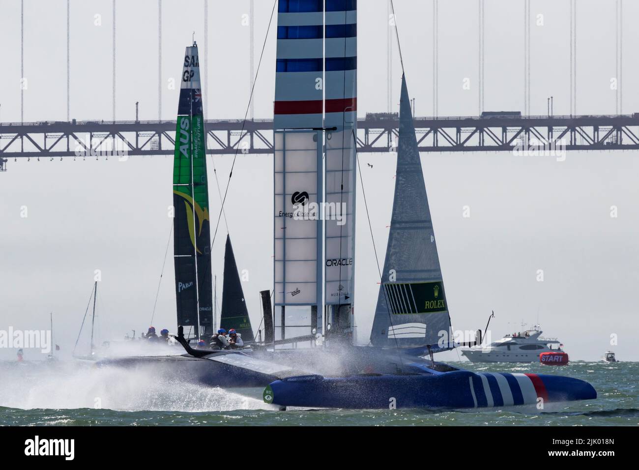 Team France races their F50 catamaran on the waters of San Francisco Bay during the 2022 SailGP races. Stock Photo