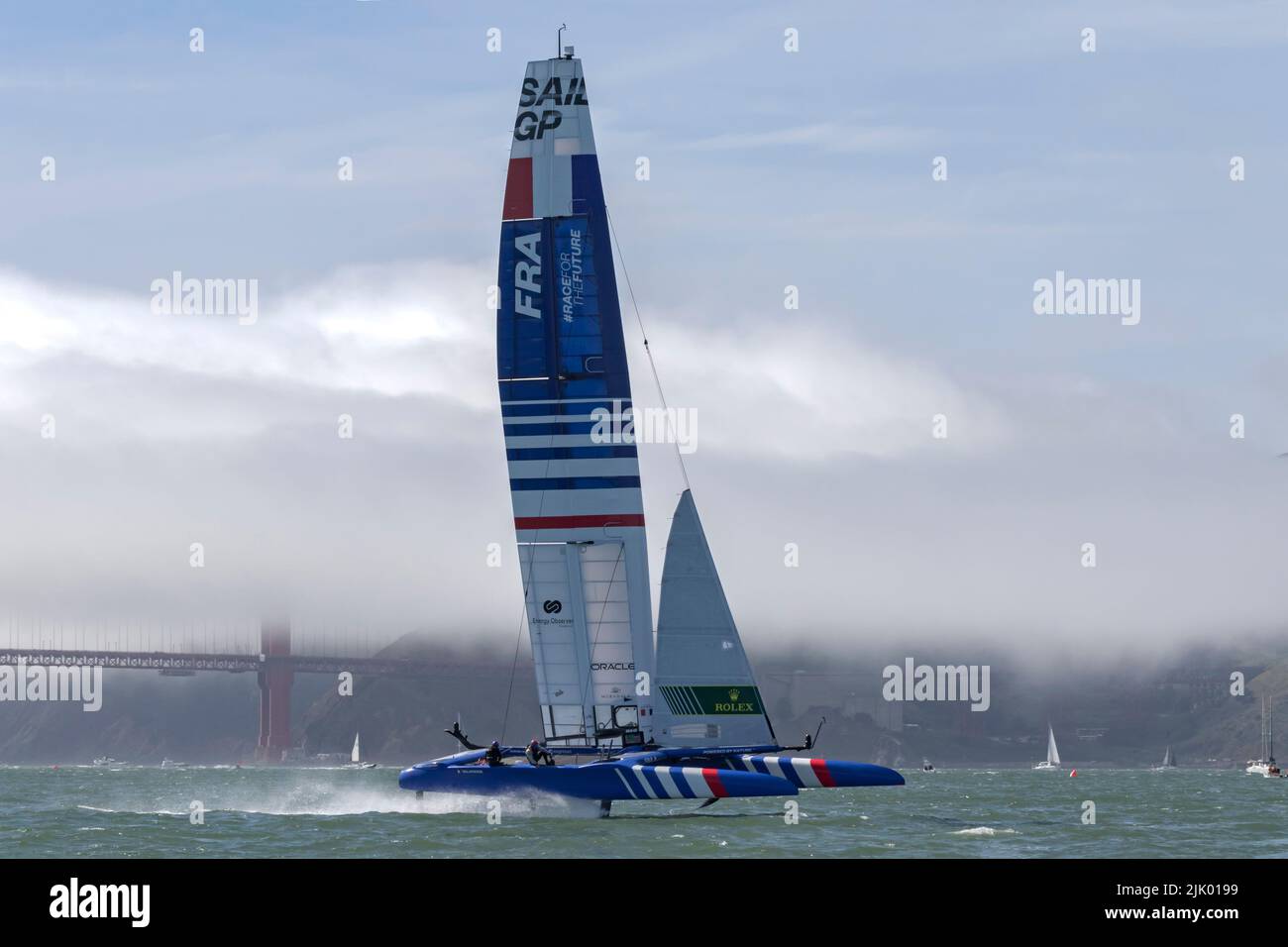 Team France's F50 catamaran on the waters of San Francisco Bay during the 2022 SailGP races. Stock Photo